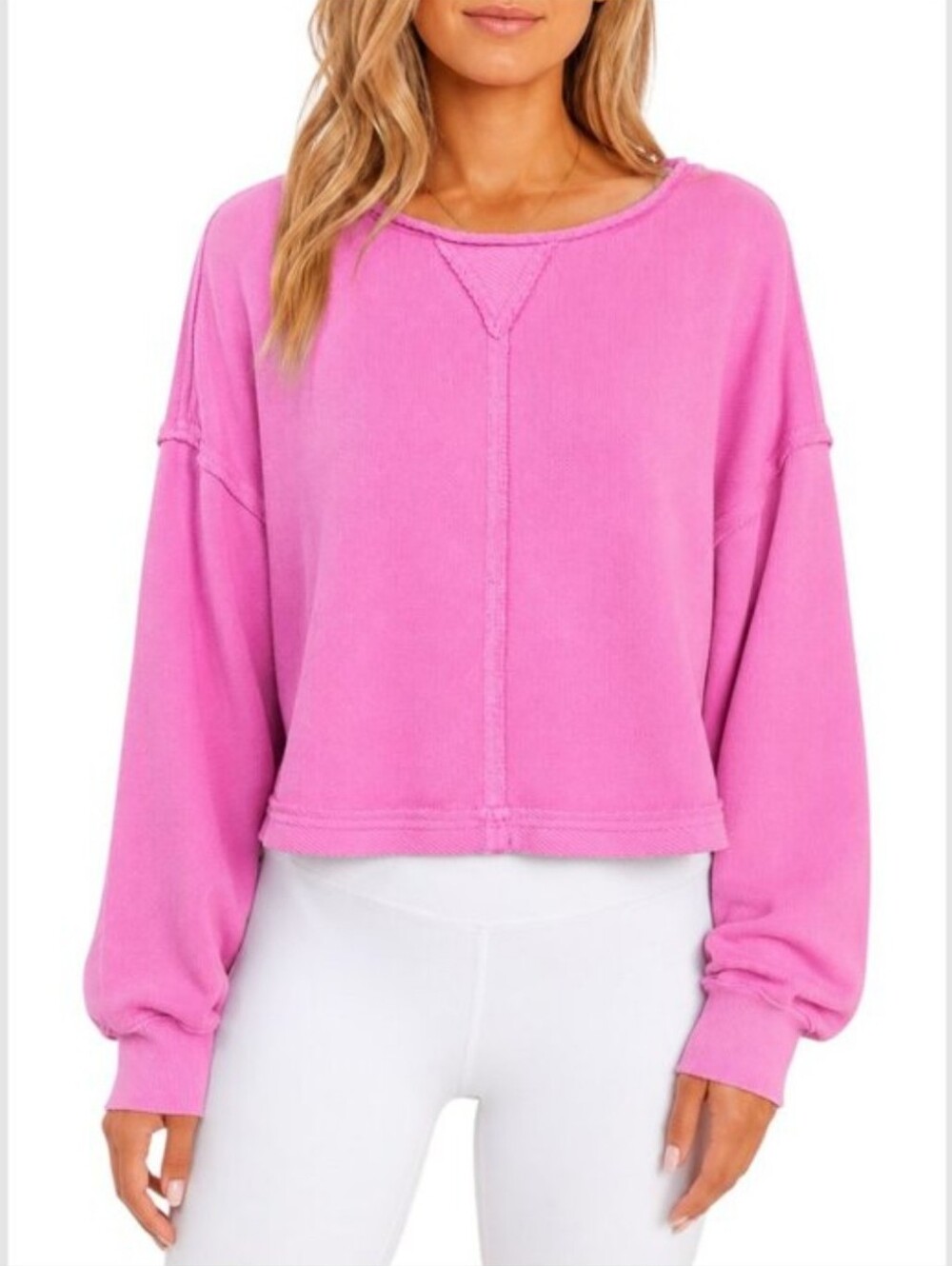 AERIE Beach Party Cropped Sweatshirt Hot Pink Oversized Waffle Knit Cozy Size L
